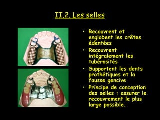 II.2. Les selles
• Recouvrent et
englobent les crêtes
édentées
• Recouvrent
intégralement les
tubérosités
• Supportent les dents
prothétiques et la
fausse gencive
• Principe de conception
des selles : assurer le
recouvrement le plus
large possible.
 