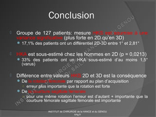 Conclusion
 Groupe de 127 patients: mesure HKS est soumise à une
variance significative (plus forte en 2D qu’en 3D)
 17,1% des patients ont un différentiel 2D-3D entre 1° et 2,81°
 HKA est sous-estimé chez les hommes en 2D (p = 0,0213)
 33% des patients ont un HKA sous-estimé d’au moins 1,5°
(varus)
 Différence entre valeurs HKS 2D et 3D est la conséquence
 De la rotation fémorale par rapport au plan d’acquisition
○ erreur plus importante que la rotation est forte
 De la courbure sagittale fémorale
○ pour une même rotation l’erreur est d’autant + importante que la
courbure fémorale sagittale fémorale est importante
INSTITUT de CHIRURGIE de la HANCE et du GENOU
ichg.fr
 