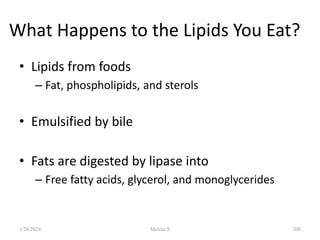 What Happens to the Lipids You Eat?
• Lipids from foods
– Fat, phospholipids, and sterols
• Emulsified by bile
• Fats are digested by lipase into
– Free fatty acids, glycerol, and monoglycerides
1/28/2024 208
Melese.S
 