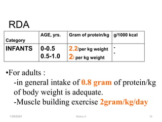 RDA
Category
AGE, yrs. Gram of protein/kg g/1000 kcal
INFANTS 0-0.5
0.5-1.0
2.2/per kg weight
2/ per kg weight
-
-
•For adults :
-in general intake of 0.8 gram of protein/kg
of body weight is adequate.
-Muscle building exercise 2gram/kg/day
1/28/2024 58
Melese.S
 