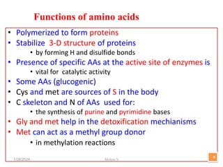 • Polymerized to form proteins
• Stabilize 3-D structure of proteins
• by forming H and disulfide bonds
• Presence of specific AAs at the active site of enzymes is
• vital for catalytic activity
• Some AAs (glucogenic)
• Cys and met are sources of S in the body
• C skeleton and N of AAs used for:
• the synthesis of purine and pyrimidine bases
• Gly and met help in the detoxification mechianisms
• Met can act as a methyl group donor
• in methylation reactions
1/28/2024
8
Functions of amino acids
Melese.S
 