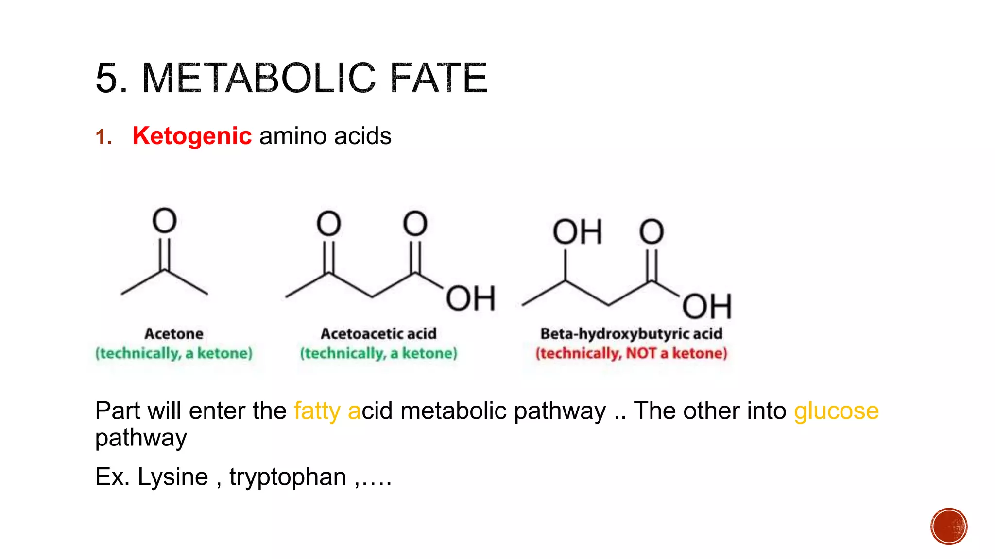 1. Ketogenic amino acids
Give rise to ketone bodies and fats in the catabolic way
Ex. Leucine
1. Glucogenic amino acid
Give rise to carbohydrates …
Ex. glycine, serine ,….
1. Mixed amino acids
Part will enter the fatty acid metabolic pathway .. The other into glucose
pathway
Ex. Lysine , tryptophan ,….
 
