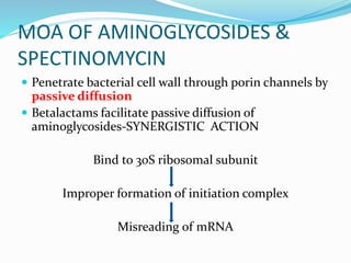 MOA OF AMINOGLYCOSIDES &
SPECTINOMYCIN
 Penetrate bacterial cell wall through porin channels by
passive diffusion
 Betalactams facilitate passive diffusion of
aminoglycosides-SYNERGISTIC ACTION
Bind to 30S ribosomal subunit
Improper formation of initiation complex
Misreading of mRNA
 
