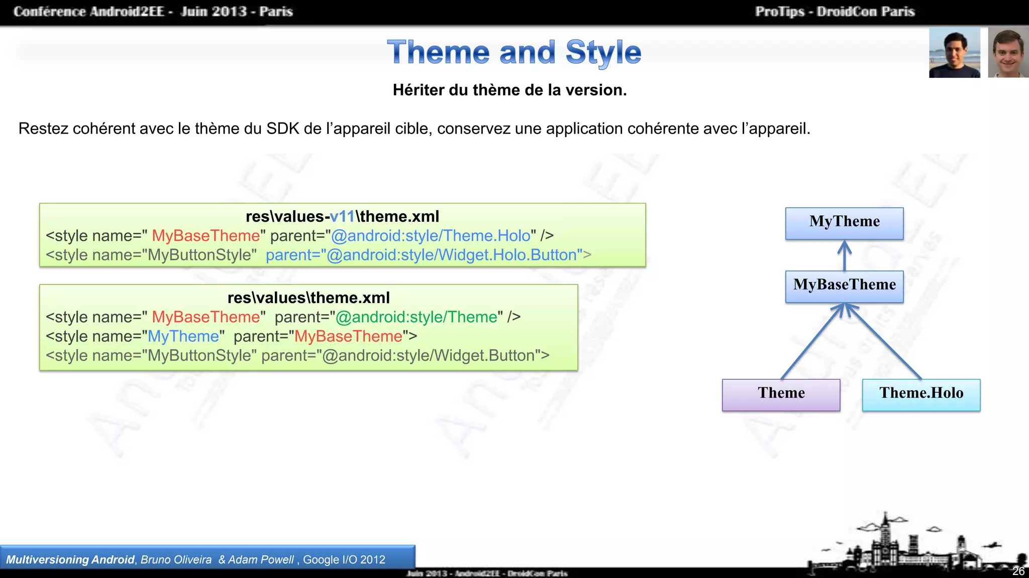 26
Hériter du thème de la version.
Restez cohérent avec le thème du SDK de l’appareil cible, conservez une application cohérente avec l’appareil.
Multiversioning Android, Bruno Oliveira & Adam Powell , Google I/O 2012
MyTheme
resvaluestheme.xml
<style name=" MyBaseTheme" parent="@android:style/Theme" />
<style name="MyTheme" parent="MyBaseTheme">
<style name="MyButtonStyle" parent="@android:style/Widget.Button">
resvalues-v11theme.xml
<style name=" MyBaseTheme" parent="@android:style/Theme.Holo" />
<style name="MyButtonStyle" parent="@android:style/Widget.Holo.Button">
MyBaseTheme
Theme Theme.Holo
 