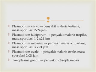 
 Plasmodium vivax → penyakit malaria tertiana,
masa sporulasi 2x24 jam
 Plasmodium falciparum → penyakit malaria tropika,
masa sporulasi 1-2 x24 jam
 Plasmodium malariae → penyakit malaria quartana,
masa sporulasi 3 x 24 jam
 Plasmodium ovale → penyakit malaria ovale, masa
sporulasi 2x24 jam
 Toxoplasma gondii → penyakit toksoplasmosis

 