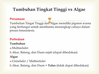 Tumbuhan Tingkat Tinggi vs Algae



Persamaan
Tumbuhan Tingat Tinggi dan Algae memiliki pigmen warna
yang berfungsi untuk membantu menangkap cahaya dalam
proses fotosintesis.
Perbedaan
Tumbuhan
a.Multiseluler
b.Akar, Batang, dan Daun sejati (dapat dibedakan)
Algae
a.Uniseluler / Multiseluler
b.Akar, Batang, dan Daun = Talus (tidak dapat dibedakan)

 