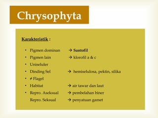 Chrysophyta
Karakteristik :
• Pigmen dominan

 Santofil

• Pigmen lain

 klorofil a & c

• Uniseluler
• Dinding Sel

 hemiselulosa, pektin, silika

• ≠ Flagel
• Habitat

 air tawar dan laut

• Repro. Aseksual

 pembelahan biner

Repro. Seksual

 penyatuan gamet

 
