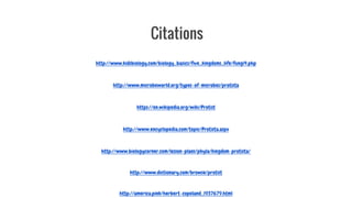 Citations
http://www.kidsbiology.com/biology_basics/five_kingdoms_life/fungi4.php
http://www.microbeworld.org/types-of-microbes/protista
https://en.wikipedia.org/wiki/Protist
http://www.encyclopedia.com/topic/Protista.aspx
http://www.biologycorner.com/lesson-plans/phyla/kingdom-protista/
http://www.dictionary.com/browse/protist
http://america.pink/herbert-copeland_1937679.html
 