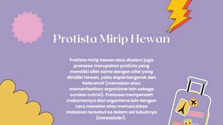 Protista Mirip Hewan
Protista mirip hewan atau disebut juga
protozoa merupakan protista yang
memiliki sifat sama dengan sifat yang
dimiliki hewan, yaitu dapat bergerak dan
heterotrof (memakan atau
memanfaatkan organisme lain sebaga
sumber nutrisi). Protozoa memperoleh
makanannya dari organisme lain dengan
cara menelan atau memasukkan
makanan tersebut ke dalam sel tubuhnya
(intraseluler).
 