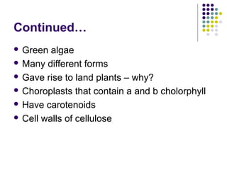 Continued…
 Green algae
 Many different forms
 Gave rise to land plants – why?
 Choroplasts that contain a and b cholorphyll
 Have carotenoids
 Cell walls of cellulose
 