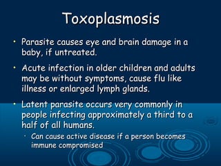 ToxoplasmosisToxoplasmosis
• Parasite causes eye and brain damage in aParasite causes eye and brain damage in a
baby, if untreated.baby, if untreated.
• Acute infection in older children and adultsAcute infection in older children and adults
may be without symptoms, cause flu likemay be without symptoms, cause flu like
illness or enlarged lymph glands.illness or enlarged lymph glands.
• Latent parasite occurs very commonly inLatent parasite occurs very commonly in
people infecting approximately a third to apeople infecting approximately a third to a
half of all humans.half of all humans.
•
Can cause active disease if a person becomesCan cause active disease if a person becomes
immune compromisedimmune compromised
 