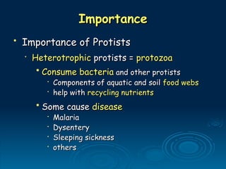 Importance
Importance
• Importance of Protists
Importance of Protists
•
Heterotrophic
Heterotrophic protists =
protists = protozoa
protozoa
• Consume bacteria
Consume bacteria and other protists
and other protists
•
Components of aquatic and soil
Components of aquatic and soil food webs
food webs
•
help with
help with recycling nutrients
recycling nutrients
• Some cause
Some cause disease
disease
•
Malaria
Malaria
•
Dysentery
Dysentery
•
Sleeping sickness
Sleeping sickness
•
others
others
 
