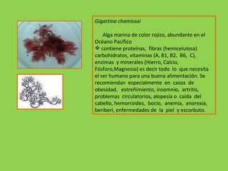 Gigartina chamissoi          Alga marina de color rojizo, abundante en el Océano Pacífico contiene proteínas,  fibras (hemicelulosa)  carbohidratos, vitaminas (A, B1, B2,  B6,  C), enzimas  y minerales (Hierro, Calcio,  Fósforo,Magnesio) es decir todo  lo  que necesita el ser humano para una buena alimentación. Se   recomiendan  especialmente  en  casos  de  obesidad,   estreñimiento, insomnio,  artritis,  problemas  circulatorios, alopesía o  caída  del  cabello, hemorroides,  bocio,  anemia,  anorexia, beriberi, enfermedades de  la  piel  y escorbuto. 