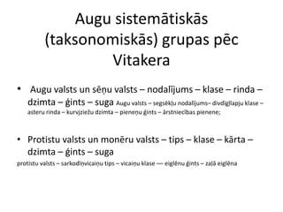 Augu sistemātiskās (taksonomiskās) grupas pēc VitakeraAugu valsts un sēņu valsts – nodalījums – klase – rinda – dzimta – ģints – suga Augu valsts – segsēkļu nodalījums– divdīgļlapju klase – asteru rinda – kurvjziežu dzimta – pieneņu ģints – ārstniecības pienene;Protistu valsts un monēru valsts – tips – klase – kārta – dzimta – ģints – sugaprotistu valsts – sarkodīņvicaiņu tips – vicaiņu klase –– eiglēnu ģints – zaļā eiglēna