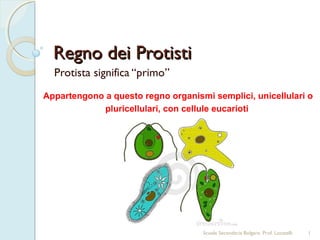 Regno dei Protisti
  Protista significa “primo”
Appartengono a questo regno organismi semplici, unicellulari o
             pluricellulari, con cellule eucarioti




                                    Scuola Secondaria Bolgare. Prof. Locatelli   1
 