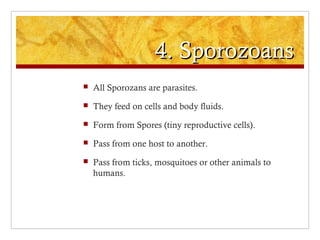 4. Sporozoans4. Sporozoans
 All Sporozans are parasites.
 They feed on cells and body fluids.
 Form from Spores (tiny reproductive cells).
 Pass from one host to another.
 Pass from ticks, mosquitoes or other animals to
humans.
 