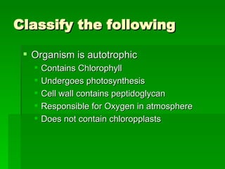 Classify the following Organism is autotrophic Contains Chlorophyll Undergoes photosynthesis Cell wall contains peptidoglycan Responsible for Oxygen in atmosphere  Does not contain chloropplasts 