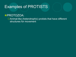Examples of PROTISTS

PROTOZOA:
 Animal-like (heterotrophic) protists that have different
  structures for movement
 