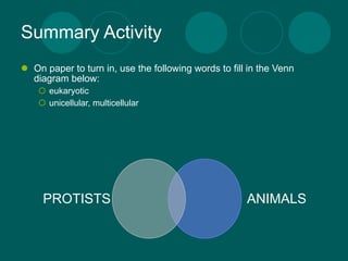 Summary Activity
 On paper to turn in, use the following words to fill in the Venn
  diagram below:
     eukaryotic
     unicellular, multicellular




     PROTISTS                                         ANIMALS
 