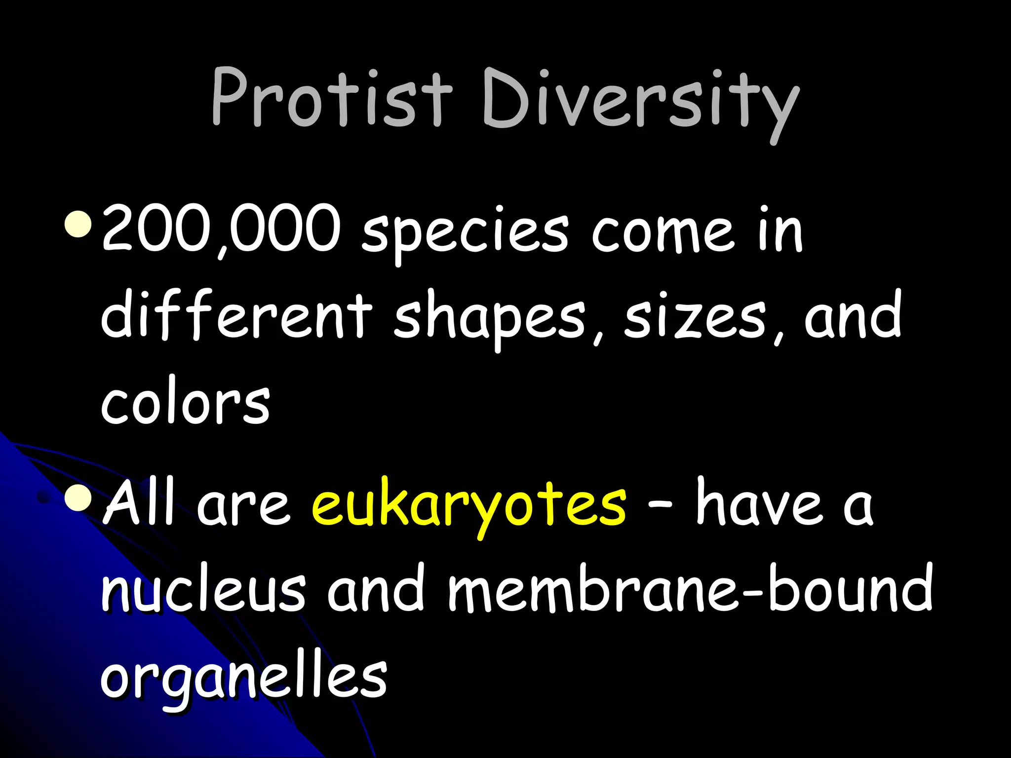 Protist Diversity 200,000 species come in different shapes, sizes, and colors All are  eukaryotes  – have a nucleus and membrane-bound organelles 