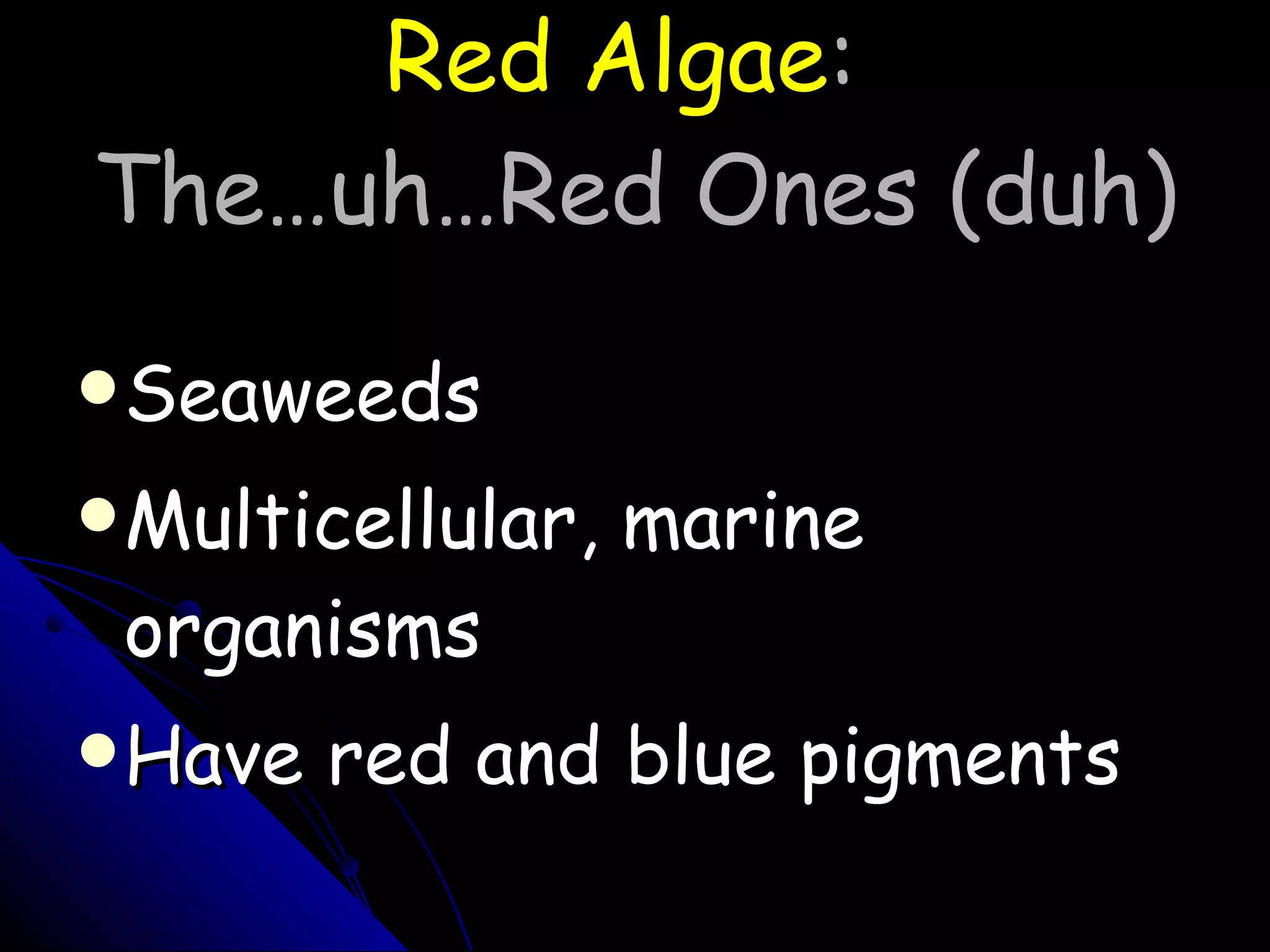 Red Algae :  The…uh…Red Ones (duh) Seaweeds Multicellular, marine organisms Have red and blue pigments 