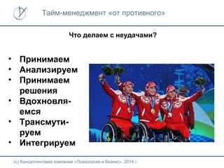 Тайм-менеджмент «от противного»
Что делаем с неудачами?

• Принимаем
• Анализируем
• Принимаем
решения
• Вдохновляемся
• Трансмутируем
• Интегрируем
(с) Консалтинговая компания «Психология и бизнес», 2014 г.

 