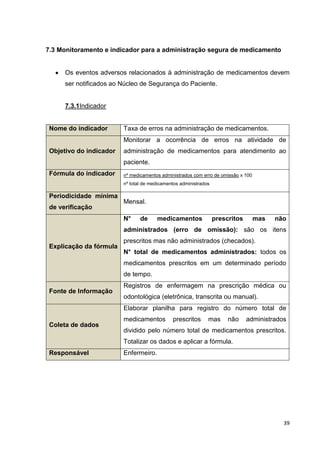 39
7.3 Monitoramento e indicador para a administração segura de medicamento
Os eventos adversos relacionados à administração de medicamentos devem
ser notificados ao Núcleo de Segurança do Paciente.
7.3.1Indicador
Nome do indicador Taxa de erros na administração de medicamentos.
Objetivo do indicador
Monitorar a ocorrência de erros na atividade de
administração de medicamentos para atendimento ao
paciente.
Fórmula do indicador nº medicamentos administrados com erro de omissão x 100
nº total de medicamentos administrados
Periodicidade mínima
de verificação
Mensal.
Explicação da fórmula
N° de medicamentos prescritos mas não
administrados (erro de omissão): são os itens
prescritos mas não administrados (checados).
N° total de medicamentos administrados: todos os
medicamentos prescritos em um determinado período
de tempo.
Fonte de Informação
Registros de enfermagem na prescrição médica ou
odontológica (eletrônica, transcrita ou manual).
Coleta de dados
Elaborar planilha para registro do número total de
medicamentos prescritos mas não administrados
dividido pelo número total de medicamentos prescritos.
Totalizar os dados e aplicar a fórmula.
Responsável Enfermeiro.
 