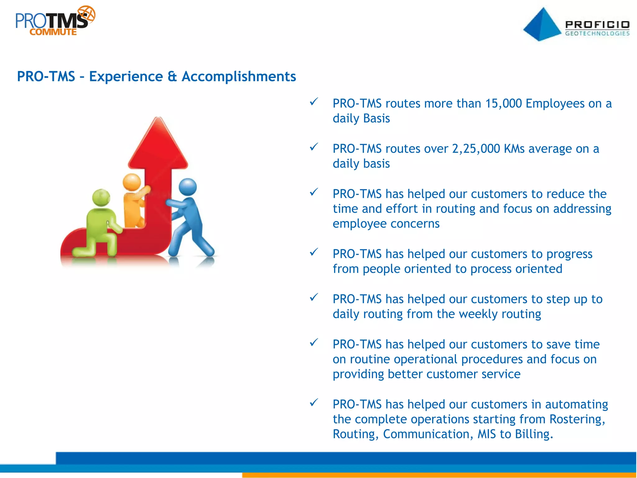 PRO-TMS – Experience & Accomplishments PRO-TMS routes more than 15,000 Employees on a daily Basis PRO-TMS routes over 2,25,000 KMs average on a daily basis PRO-TMS has helped our customers to reduce the time and effort in routing and focus on addressing employee concerns PRO-TMS has helped our customers to progress from people oriented to process oriented PRO-TMS has helped our customers to step up to daily routing from the weekly routing PRO-TMS has helped our customers to save time on routine operational procedures and focus on providing better customer service PRO-TMS has helped our customers in automating the complete operations starting from Rostering, Routing, Communication, MIS to Billing. 
