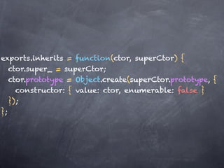 exports.inherits = function(ctor, superCtor) {
   ctor.super_ = superCtor;
   ctor.prototype = Object.create(superCtor.prototype, {
     constructor: { value: ctor, enumerable: false }
   });
};
 