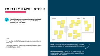 E M PAT H Y M A P S - S T E P 3
What ideas / recommendations do you have
based on what you’ve uncovered? What
actions can you take?
 
Ideas - could be tactical changes you need to make
as an organization, or bigger strategic shifts required.
Recommendations - which of the ideas should you
move forward with? What information gaps still exist
and how will you fill them?
TIPS
- Try to align on the highest priority proto-persona(s) to
action on.
- Continue to evolve your proto-persona(s) as you learn
more about your users.
 