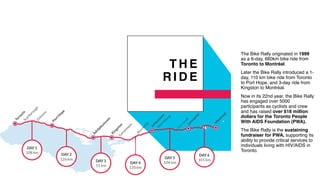 T H E
R I D E
The Bike Rally originated in 1999
as a 6-day, 660km bike ride from
Toronto to Montréal.
Later the Bike Rally introduced a 1-
day, 110 km bike ride from Toronto
to Port Hope, and 3-day ride from
Kingston to Montréal.
Now in its 22nd year, the Bike Rally
has engaged over 5000
participants as cyclists and crew
and has raised over $18 million
dollars for the Toronto People
With AIDS Foundation (PWA).
The Bike Rally is the sustaining
fundraiser for PWA, supporting its
ability to provide critical services to
individuals living with HIV/AIDS in
Toronto.
 