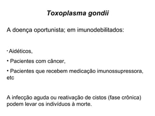 Toxoplasma gondii 
A doença oportunista; em imunodebilitados: 
• Aidéticos, 
• Pacientes com câncer, 
• Pacientes que recebem medicação imunossupressora, 
etc 
A infecção aguda ou reativação de cistos (fase crônica) 
podem levar os indivíduos à morte. 
 