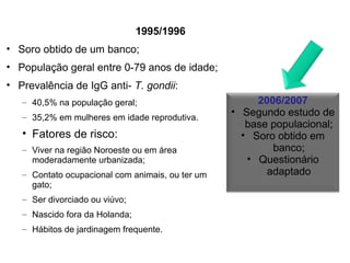 1995/1996 
• Soro obtido de um banco; 
• População geral entre 0-79 anos de idade; 
• Prevalência de IgG anti- T. gondii: 
– 40,5% na população geral; 
– 35,2% em mulheres em idade reprodutiva. 
• Fatores de risco: 
– Viver na região Noroeste ou em área 
moderadamente urbanizada; 
– Contato ocupacional com animais, ou ter um 
gato; 
– Ser divorciado ou viúvo; 
– Nascido fora da Holanda; 
– Hábitos de jardinagem frequente. 
2006/2007 
• Segundo estudo de 
base populacional; 
• Soro obtido em 
banco; 
• Questionário 
adaptado 
 