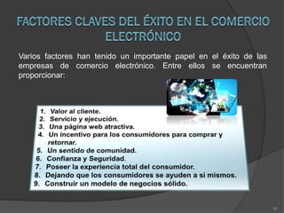 Varios factores han tenido un importante papel en el éxito de las
empresas de comercio electrónico. Entre ellos se encuentran
proporcionar:

38

 