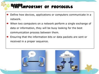 80288THE  IMPORTANT  OF  PROTOCOLS Define how devices, applications or computers communicate in a   network.  When two computers on a network perform a single exchange ofdata or information, they will be busy looking for the best    communication process between them.  Ensuring that the information bits or data packets are sent or    received in a proper sequence. 