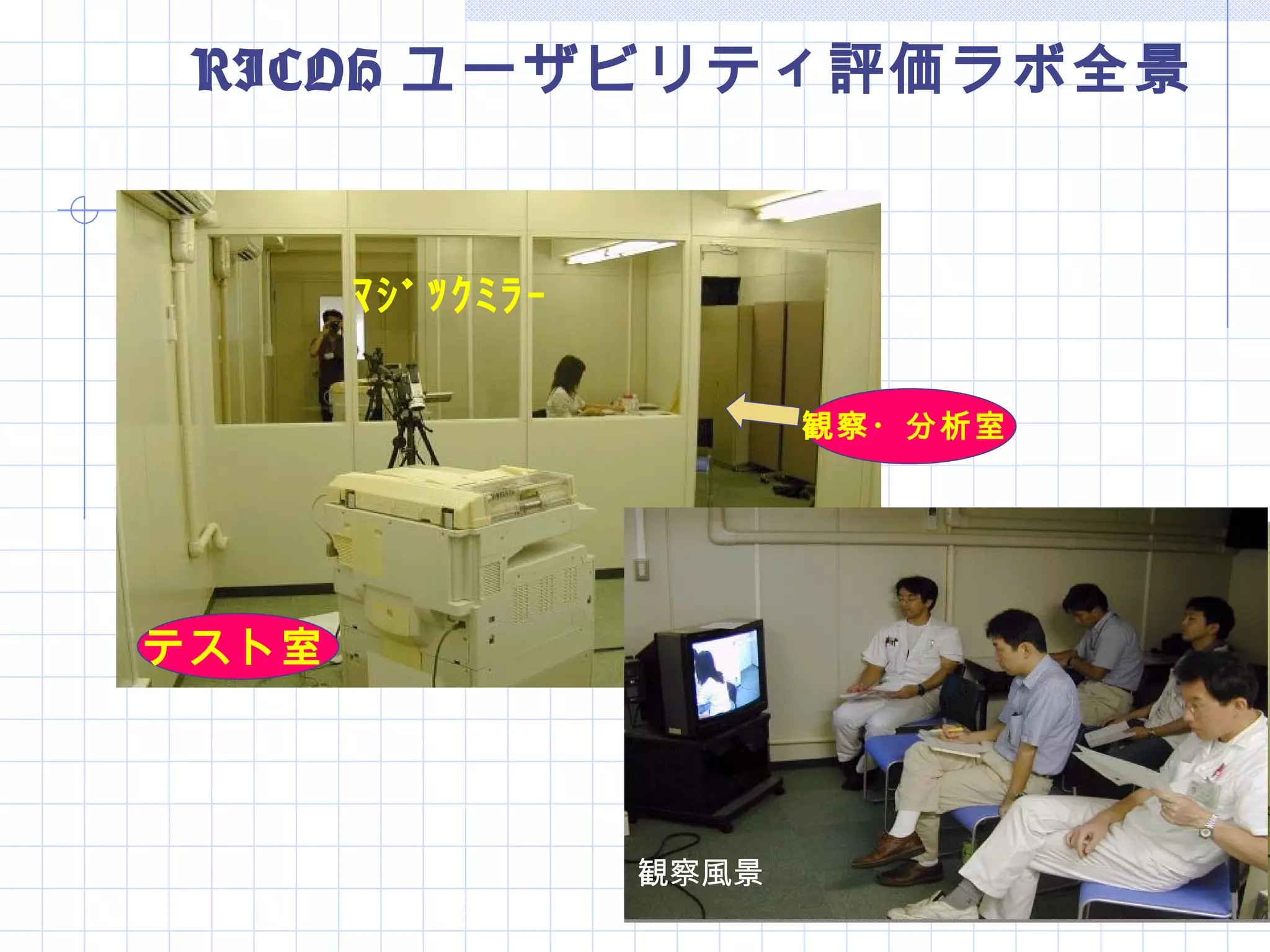 RICOH ユーザビリティ評価ラボ全景


       ﾏｼﾞｯｸﾐﾗｰ

                         観察・分析室




テスト室




                  観察風景
 