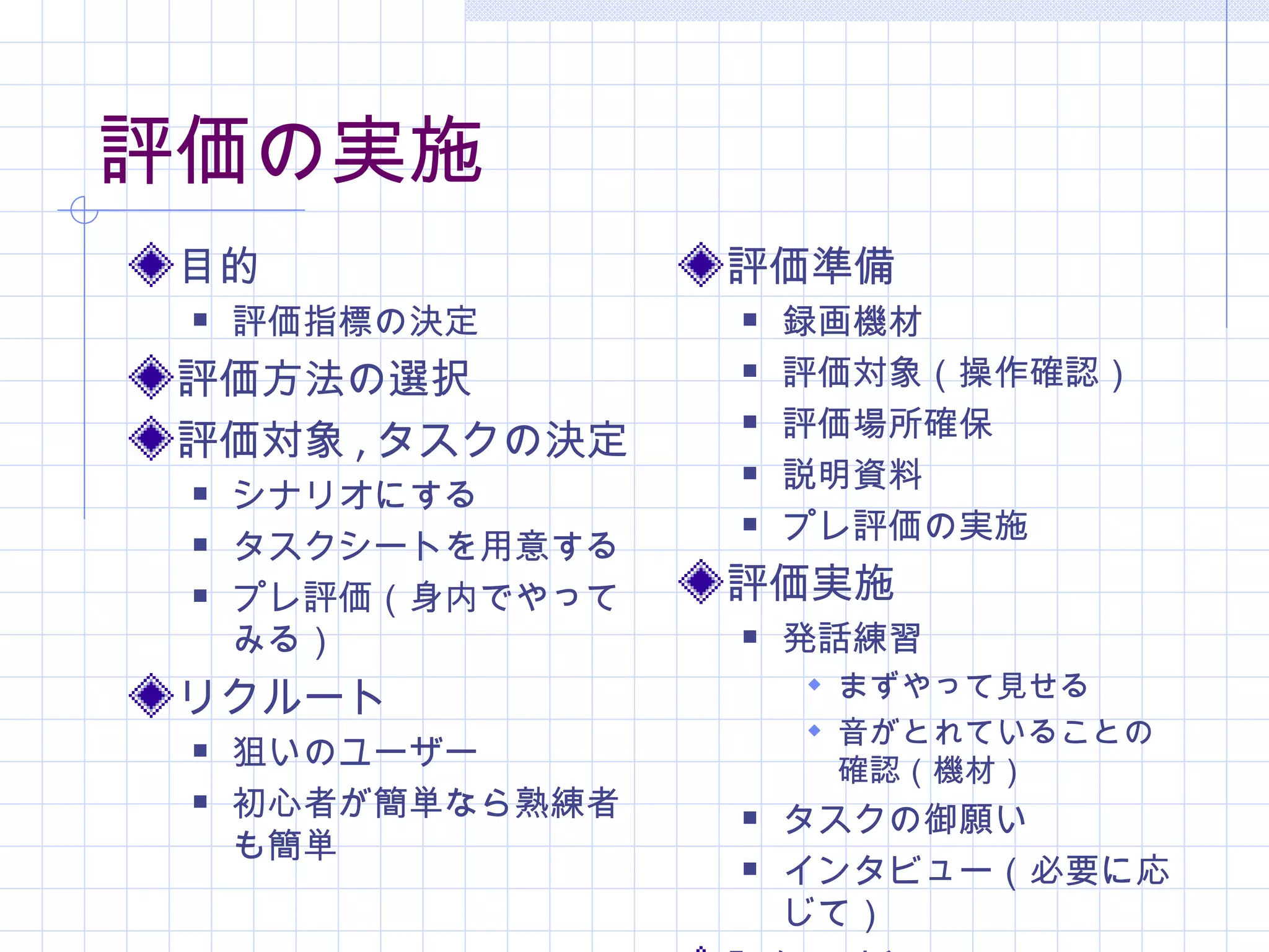 評価の実施
 目的                評価準備
    評価指標の決定          録画機材
 評価方法の選択              評価対象（操作確認）
                       評価場所確保
 評価対象 , タスクの決定
                   

                      説明資料
    シナリオにする
                      プレ評価の実施
    タスクシートを用意する
    プレ評価（身内でやって   評価実施
     みる）              発話練習
                        まずやって見せる
 リクルート
                        音がとれていることの
    狙いのユーザー            確認（機材）
    初心者が簡単なら熟練者      タスクの御願い
     も簡単
                      インタビュー（必要に応
                       じて）
 