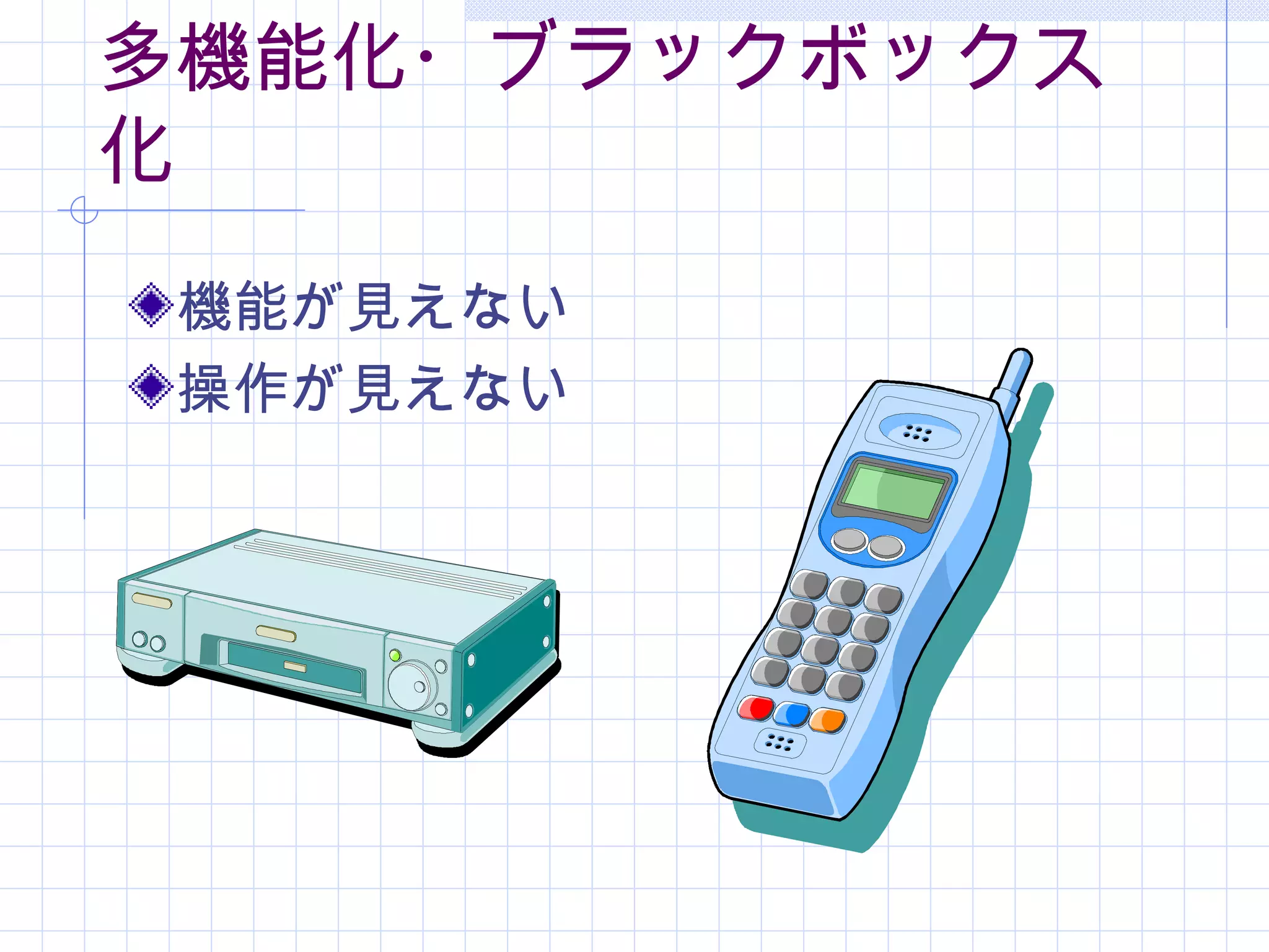多機能化・ブラックボックス
化
 機能が見えない
 操作が見えない
 