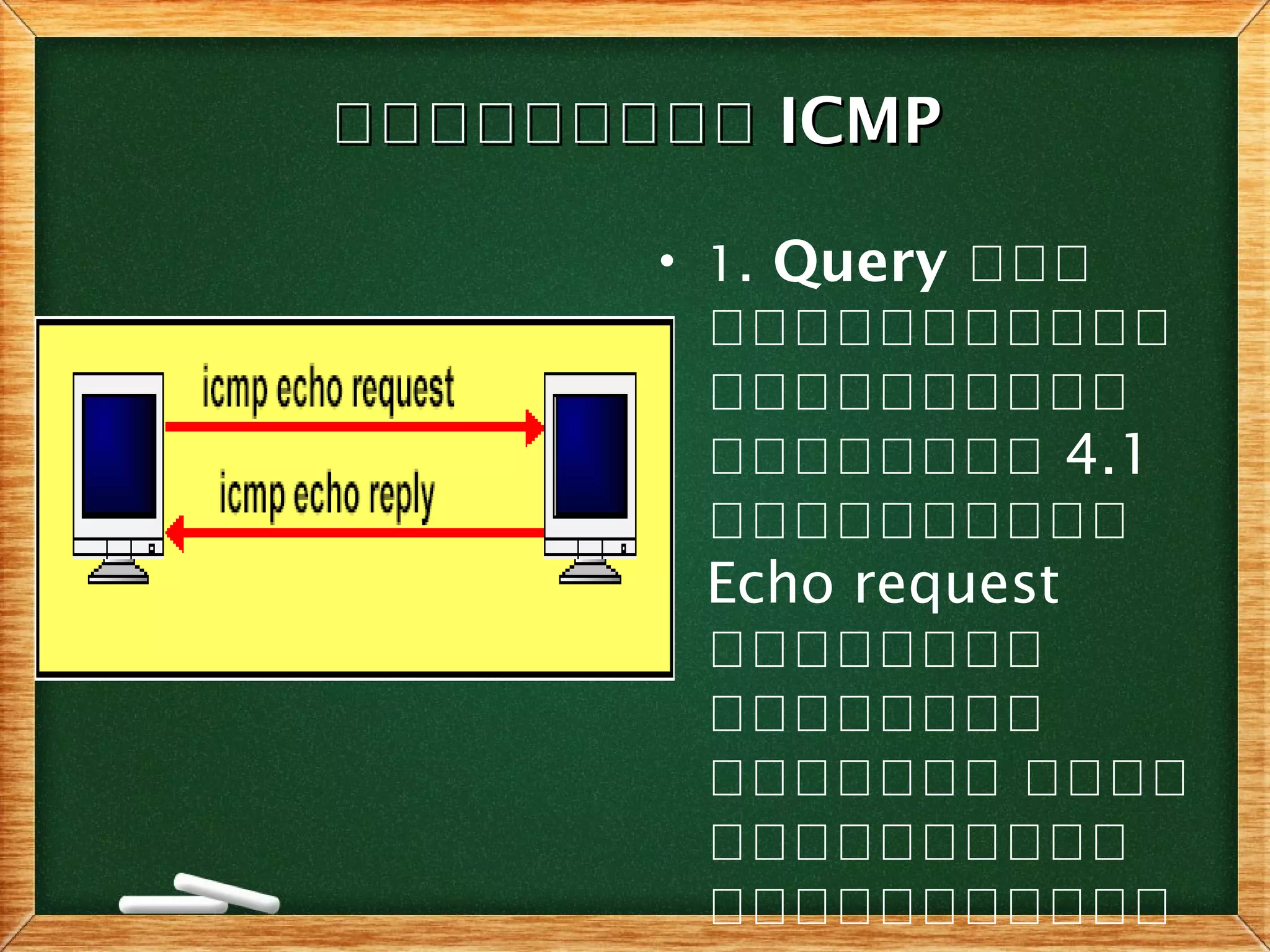 โโโโโโโโโโโโโโโโโโ ICMPICMP
• 1. Query อออ
อออออออออออ
ออออออออออ
ออออออออ 4.1
ออออออออออ
Echo request
ออออออออ
ออออออออ
อออออออ ออออ
ออออออออออ
อออออออออออ
 