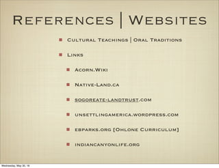 References | Websites
Cultural Teachings | Oral Traditions
Links
Acorn.Wiki
Native-Land.ca
sogoreate-landtrust.com
unsettl...
