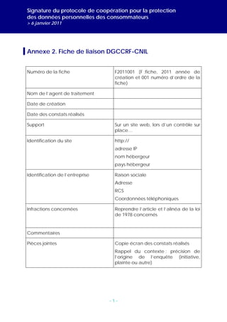 Signature du protocole de coopération pour la protection
des données personnelles des consommateurs
> 6 janvier 2011




Annexe 2. Fiche de liaison DGCCRF-CNIL


Numéro de la fiche                F2011001 (F :fiche, 2011 année de
                                  création et 001 numéro d’ordre de la
                                  fiche)

Nom de l’agent de traitement

Date de création

Date des constats réalisés

Support                           Sur un site web, lors d’un contrôle sur
                                  place…

Identification du site            http://
                                  adresse IP
                                  nom hébergeur
                                  pays hébergeur

Identification de l’entreprise    Raison sociale
                                  Adresse
                                  RCS
                                  Coordonnées téléphoniques

Infractions concernées            Reprendre l’article et l’alinéa de la loi
                                  de 1978 concernés


Commentaires

Pièces jointes                    Copie écran des constats réalisés
                                  Rappel du contexte : précision de
                                  l’origine de l’enquête (initiative,
                                  plainte ou autre)




                                 -1-
 