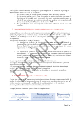 Page 3 sur 7
Sont éligibles au titre du Comité Technique les agents remplissant les conditions requises pour
être inscrits sur la liste électorale, à l'exception :
 des agents en congé de longue maladie, de longue durée et de grave maladie
 des agents qui ont été frappés d'une rétrogradation ou d'une exclusion temporaire de
fonctions de 16 jours à 2 ans, à moins qu'ils n'aient été amnistiés ou qu'ils n'aient été
relevés de leur peine dans les conditions indiquées par le décret pris en application du
dernier alinéa de l'article 89 de la loi du 26 janvier 1984
 des agents frappés d'une des incapacités énoncées aux articles L. 5 et L. 6 du code
électoral.
2. Les conditions d’admission des listes de candidats(art.12 du décret n°85-565 du 30 mai 1985)
Les candidatures sont présentées par les organisations syndicales qui, dans la fonction publique
territoriale, remplissent les conditions fixées à l'article 9 bis de la loi n°83-634 du 13 juillet 1983.
Cet article a été modifié par la loi n° 2010-751 du 5 juillet 2010 relativeà la rénovation du
dialogue social.
Ainsi peuvent présenter des listes de candidats :
 Les organisations syndicales de fonctionnaires qui, dans la fonction publique où est
organisée l'élection, sont légalement constituées depuis au moins 2 ans à compter de la
date de dépôt légal des statuts et satisfont aux critères de respect des valeurs
républicaines et d'indépendance
 Les organisations syndicales de fonctionnaires affiliées à une union de syndicats de
fonctionnaires. Les unions de syndicats doivent être légalement constituées depuis au
moins 2 ans à compter de la date de dépôt légal des statuts et satisfaire aux critères de
respect des valeurs républicaines et d'indépendance
Chaque organisation syndicale ne peut présenter qu'une liste de candidats.
Nul ne peut être candidat sur plusieurs listes mais les listes peuvent être communes à plusieurs
organisations syndicales.
En cas de liste commune établie par des organisations syndicales, la répartition des suffrages
exprimés doit être mentionnée et rendue publique lors du dépôt.
A défaut, cette répartition se fait à parts égales. La répartition est mentionnée sur les listes
affichées.
3. Composition des listes (art.12 du décret n° 85-565 du 30 mai 1985)
Chaque liste comprend un nombre de noms égal au moins aux deux tiers et au plus au double du
nombre de sièges de représentants titulaires et de représentants suppléants à pourvoir, sans qu'il
soit fait mention pour chacun des candidats de la qualité de titulaire ou de suppléant.
En outre, ces listes doivent comporter un nombre pair de noms.
Exemple pour une commune qui a délibéré sur 3 représentants :
Liste complète Liste incomplète Liste excédentaire
Nombre de représentants Nombre minimal de noms sur la Nombre maximal de
titulaires + suppléants au CT liste ramenée à un nombre pair noms sur la liste
3 + 3 = 6 4 12
 