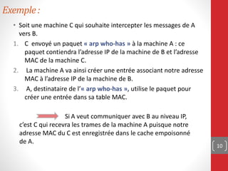 Exemple:
• Soit une machine C qui souhaite intercepter les messages de A
vers B.
1. C envoyé un paquet « arp who-has » à la machine A : ce
paquet contiendra l’adresse IP de la machine de B et l’adresse
MAC de la machine C.
2. La machine A va ainsi créer une entrée associant notre adresse
MAC à l’adresse IP de la machine de B.
3. A, destinataire de l’« arp who-has », utilise le paquet pour
créer une entrée dans sa table MAC.
10
Si A veut communiquer avec B au niveau IP,
c’est C qui recevra les trames de la machine A puisque notre
adresse MAC du C est enregistrée dans le cache empoisonné
de A.
 
