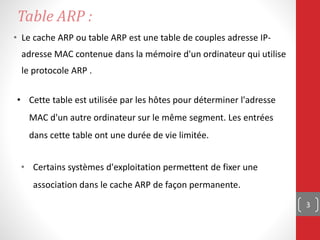 • Le cache ARP ou table ARP est une table de couples adresse IP-
adresse MAC contenue dans la mémoire d'un ordinateur qui utilise
le protocole ARP .
3
Table ARP :
• Certains systèmes d'exploitation permettent de fixer une
association dans le cache ARP de façon permanente.
• Cette table est utilisée par les hôtes pour déterminer l'adresse
MAC d'un autre ordinateur sur le même segment. Les entrées
dans cette table ont une durée de vie limitée.
 