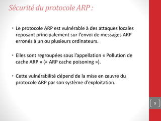 Sécurité du protocole ARP :
• Le protocole ARP est vulnérable à des attaques locales
reposant principalement sur l’envoi de messages ARP
erronés à un ou plusieurs ordinateurs.
• Elles sont regroupées sous l’appellation « Pollution de
cache ARP » (« ARP cache poisoning »).
• Cette vulnérabilité dépend de la mise en œuvre du
protocole ARP par son système d’exploitation.
9
 
