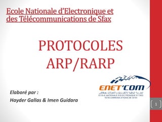PROTOCOLES
ARP/RARP
Elaboré par :
Hayder Gallas & Imen Guidara
Ecole Nationale d’Electronique et
des Télécommunications de Sfax
1
 