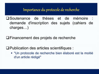 Soutenance de thèses et de mémoire :
demande d'inscription des sujets (cahiers de
charges…)
Financement des projets de recherche
Publication des articles scientifiques :
 "Un protocole de recherche bien élaboré est la moitié
d'un article rédigé"
 