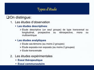 On distingue:
1. Les études d’observation
 Les études descriptives:
 Etude descriptive (un seul groupe) de type transversal ou
longitudinal, prospective ou rétrospective, mono ou
multicentrique
 Les études analytiques
 Etude cas-témoins (au moins 2 groupes)
 Etude exposés-non exposés (au moins 2 groupes)
 Etude transversale
2. Les études expérimentales
 Essai thérapeutique
 Essai communautaire
 