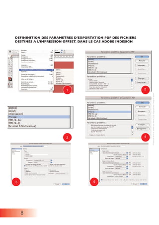 8
DEFININITION DES PARAMETRES D’EXPORTATION PDF DES FICHIERS
DESTINÉS A L’IMPRESSION OFFSET. DANS LE CAS ADOBE INDESIGN
1 2
3 4
5 6
ProtocoleécritetréaliséparAlexisLELEInfographisteDesignersenior
 