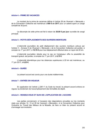 Article 4 – PRIME DE VACANCES
Le montant de la prime de vacances définie à l’article 28 de l’Avenant « Mensuels »
de la Co...
